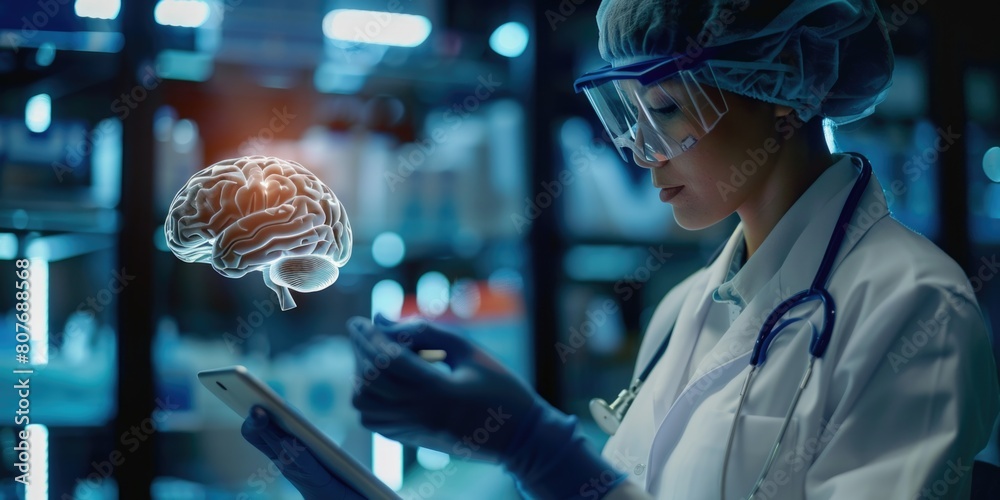 Poster a woman in a lab coat examining a brain model, suitable for science and medical concepts