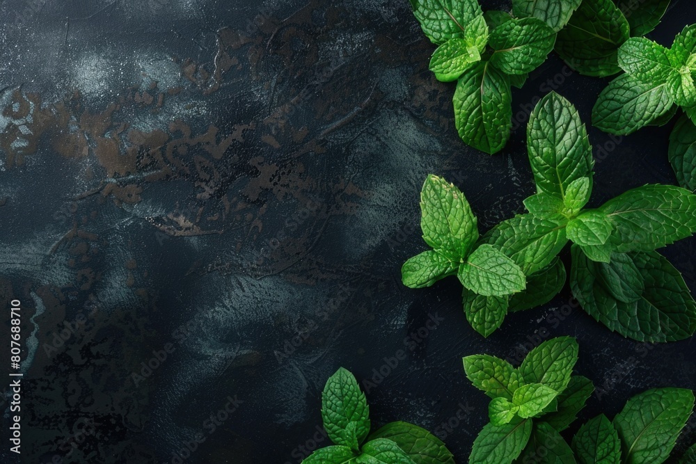 Poster a bunch of green leaves on a black surface. suitable for nature and environment concepts