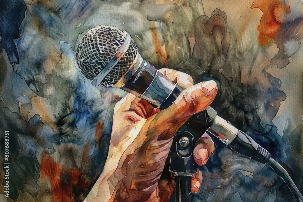 Poster a realistic painting of a hand holding a microphone. ideal for music or performance concepts