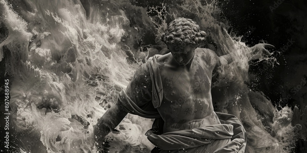 Aufkleber a black and white photo of a statue in the water. suitable for various design projects