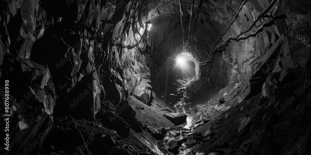 Poster a man standing in a cave with a light at the end. suitable for illustrating hope and exploration the