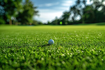 Field with green lawn and white golf ball. Golf game concept. Generated by artificial intelligence