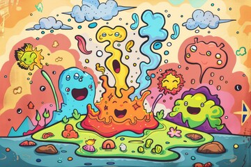 Cartoon cute doodles of bubbling geysers erupting from the earth's surface, with playful steam elementals billowing and frolicking in the spray,Generative AI