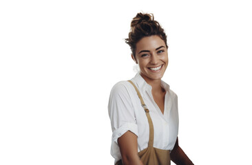 Smiling barista in apron working at a coffee machine iagainst transparent background