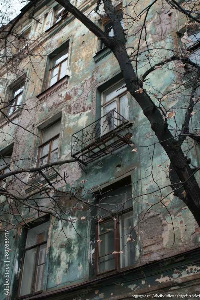 Poster A building with a tree in front. Suitable for architectural and environmental themes