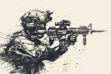 A detailed illustration of a soldier holding a gun. Suitable for military or security concept designs