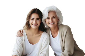 Joyful young woman and smiling senior woman posing together against transparent background