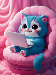 Adorable Blue Cartoon Cat Using Laptop on Pink Cushion