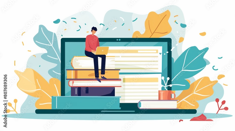 Poster A man is seated on a stack of books placed on a laptop, symbolizing online learning and educational resources. Generative AI