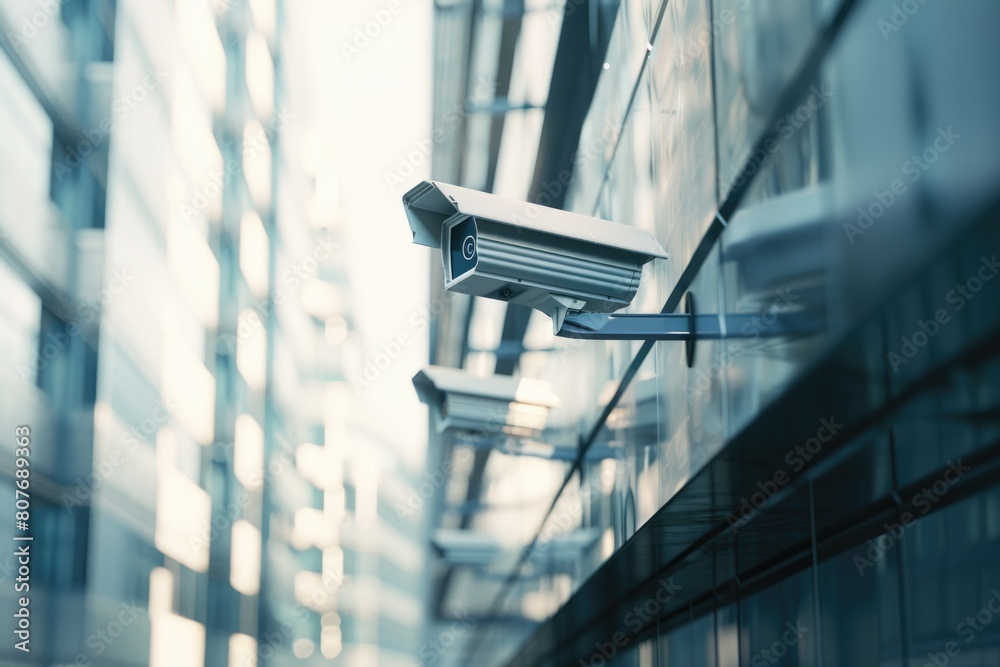 Poster surveillance camera mounted on building exterior. useful for security concepts