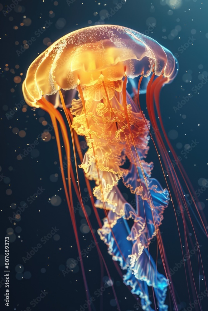 Poster a jellyfish floating in the water with bubbles. ideal for aquatic themes