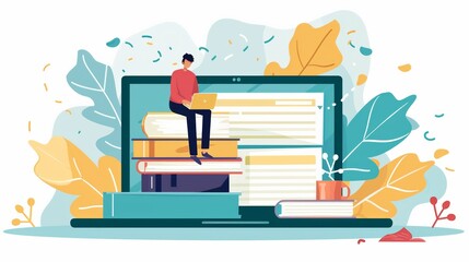 A man is seated on a stack of books placed on a laptop, symbolizing online learning and educational resources. Generative AI