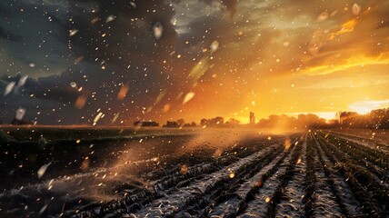  A dramatic scene of heavy hail pelting down on crops, highlighting the vulnerability of agriculture to extreme weather events on World Environment Day. 
