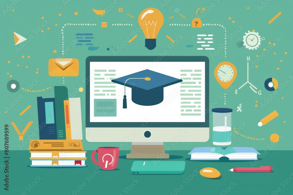 Poster a graduation cap placed on the screen of a computer, symbolizing online learning and academic achiev