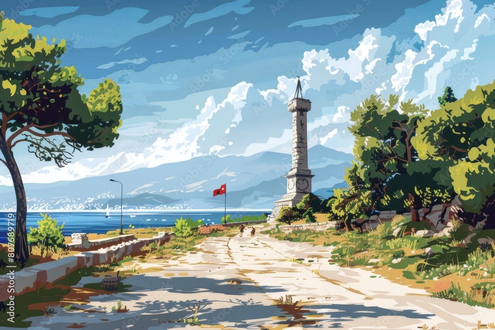 Poster a painting of a lighthouse with a flag, suitable for nautical themes and travel concepts
