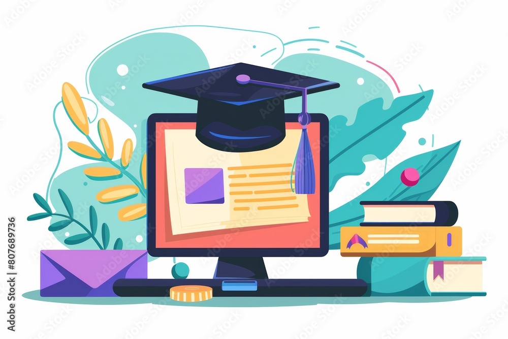 Aufkleber a graduation cap rests on top of a computer screen, symbolizing academic achievement and online educ