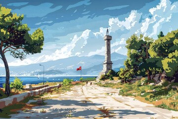 A painting of a lighthouse with a flag, suitable for nautical themes and travel concepts