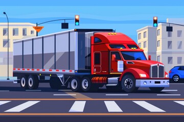 A red semi truck driving down a city street. Suitable for transportation industry promotions