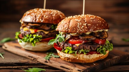 Close-up of two homemade juicy burgers with mushrooms on a wooden cutting board