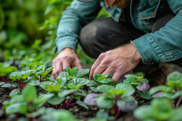 Fototapeta premium Gardener kneeling and inspecting plant leaves in a green, vibrant garden, showing focus and dedication.. AI generated.