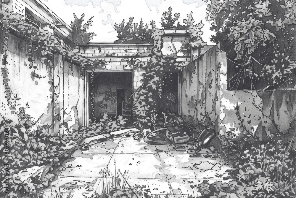 Poster a detailed black and white drawing of a courtyard. suitable for architectural design projects