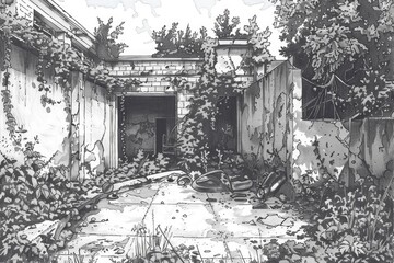 A detailed black and white drawing of a courtyard. Suitable for architectural design projects