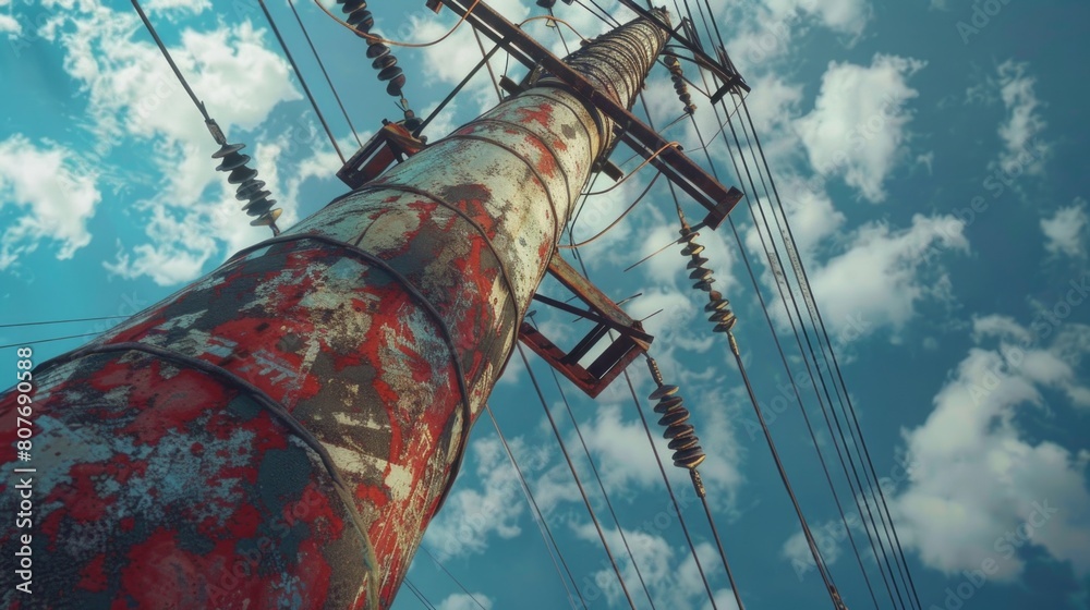 Poster a picture of a pole with wires on it. suitable for illustrating technology or urban scenes