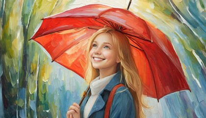 Girl with a red umbrella, Oil painting art design