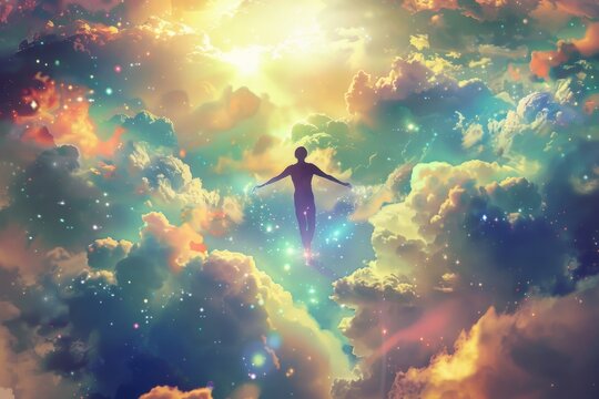 A man standing in the clouds, suitable for inspirational content