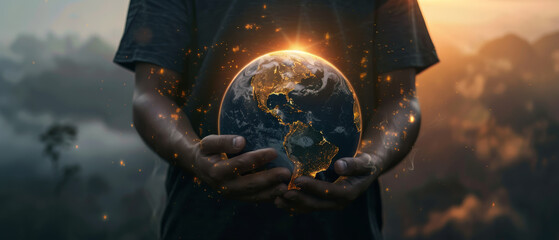 A person cradling a glowing earth in their hands against a sunrise backdrop, symbolizing care for...