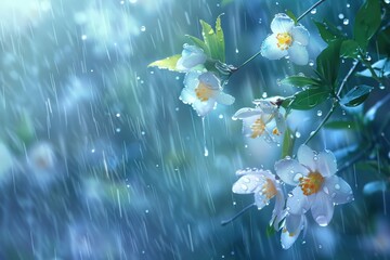White flowers getting wet in the rain, suitable for nature themes