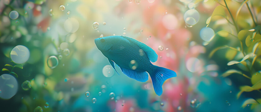 Majestic blue fish gliding through a vibrant underwater dreamscape with air bubbles.
