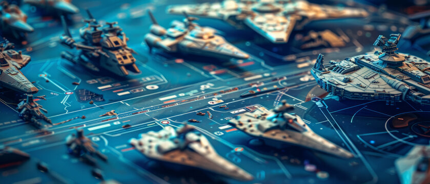 Strategic tabletop war game with intricate miniatures depicting a futuristic battlefield.