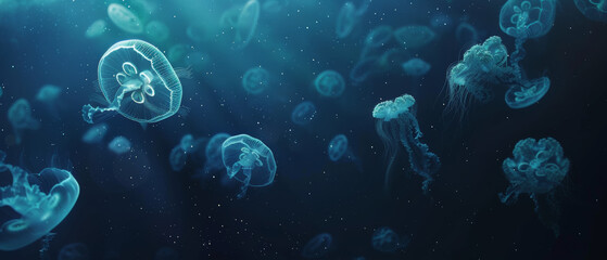 A serene underwater world teeming with glowing jellyfish, exuding a sense of otherworldly wonder.