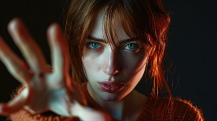 Close up of a person making a stop sign gesture. Suitable for traffic safety concepts