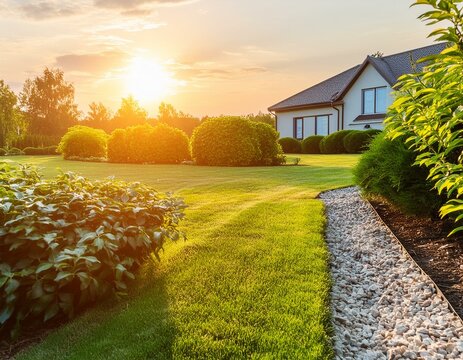 Beautiful manicured lawn and flowerbed with deciduous shrubs on private plot and track to house against backlit bright warm sunset evening light on background. Soft focusing in foreground