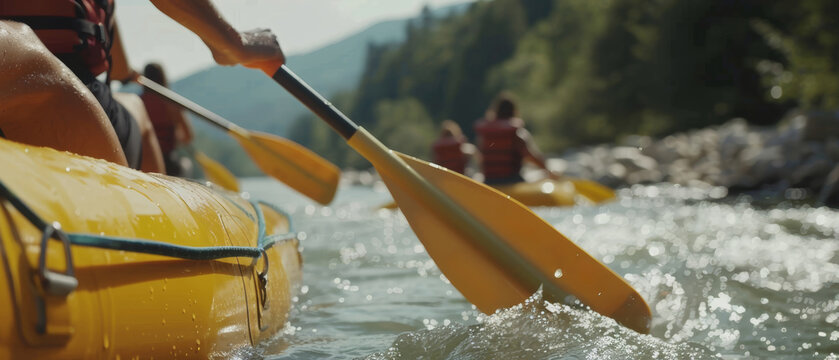 A dynamic river rafting scene with adventurers paddling through sun-drenched rapids, invoking teamwork and excitement.