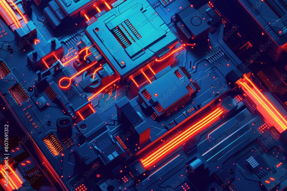 Poster close up of a circuit board with neon lights, perfect for technology concepts