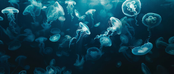 Ethereal dance of glowing jellyfish in a deep blue underwater ballet. - Powered by Adobe