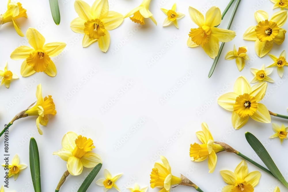 Poster bright yellow daffodils arranged in a circle on a clean white surface. perfect for spring-themed des