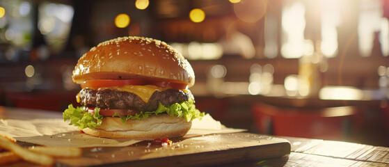 Gourmet cheeseburger basking in warm sunset light on a wooden board.