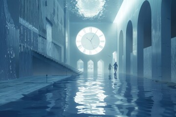 A couple walking in a pool with a clock hanging above them. Suitable for lifestyle or time management concepts