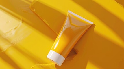 Tube of sunscreen on bright yellow background. Perfect for summer concepts