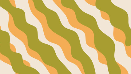 Trendy groovy pattern with green and yellow wavy stripes on beige background. Abstract geometric funky backdrop. Retro Y2K design