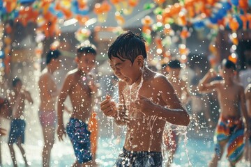 Obraz premium Young boy having fun in a fountain, suitable for summer activities concept
