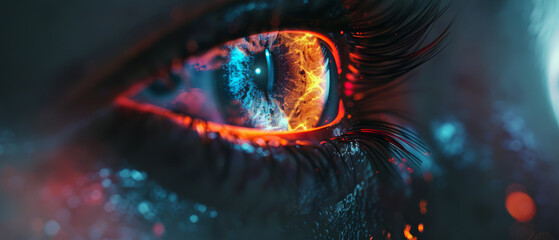 Close-up captures a mysterious, technologically-enhanced glowing eye.