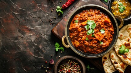 A pan filled with various Indian food next to pieces of pita bread