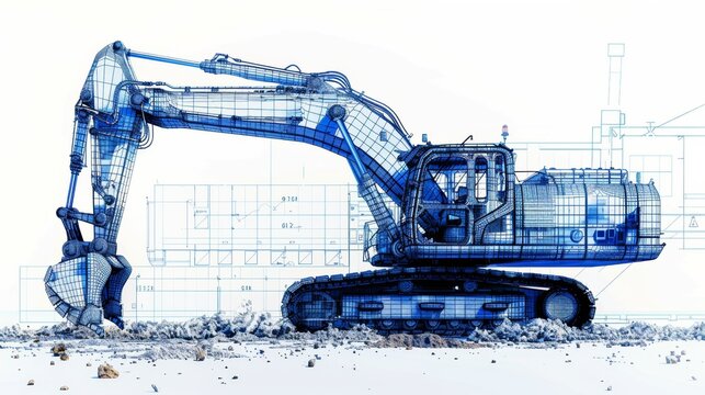 Detailed engineering illustration of an excavator with blueprint overlay enhances understanding of mechanical design and functionality