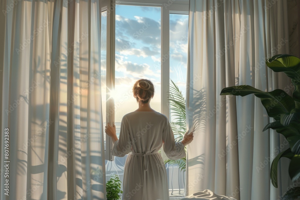 Poster woman standing in front of a window, looking out. suitable for various concepts and designs