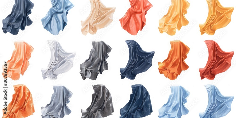 Poster various colored fabrics displayed on a white background. ideal for textile or fashion concepts